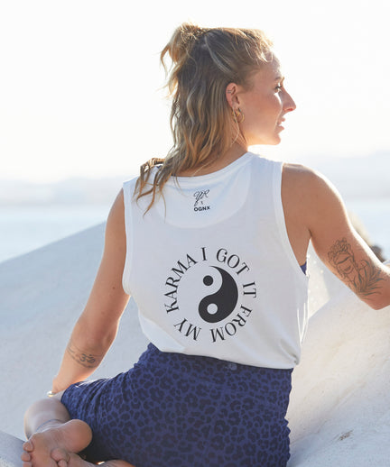 Yoga Athletic Tank I Got It From My Karma by Angélique Poulain Bio Baumwolle Tencel™ Tara - weiß | color:weiß | Yoga Athletic Tank I Got It From My Karma by Angélique Poulain Bio Baumwolle Tencel™ Tara |108 print | yoga damen tank top nachhaltig