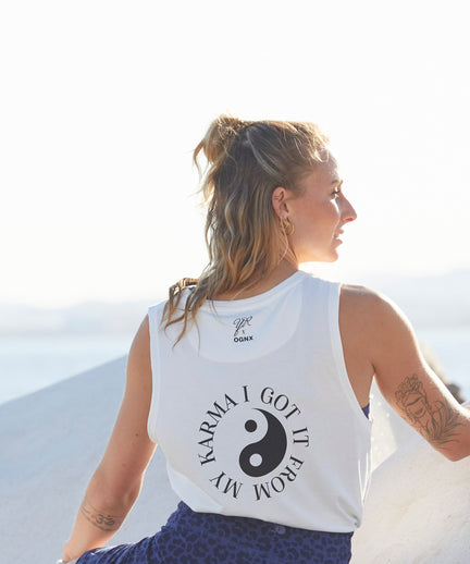 Yoga Athletic Tank I Got It From My Karma by Angélique Poulain Bio Baumwolle Tencel™ Tara - weiß | color:weiß | Yoga Athletic Tank I Got It From My Karma by Angélique Poulain Bio Baumwolle Tencel™ Tara |108 print | yoga damen tank top nachhaltig