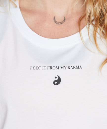 Yoga Athletic Tank I Got It From My Karma by Angélique Poulain Bio Baumwolle Tencel™ Tara - weiß | color:weiß | Yoga Athletic Tank I Got It From My Karma by Angélique Poulain Bio Baumwolle Tencel™ Tara |108 print | yoga damen tank top nachhaltig