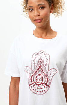 Soft Boyfriend T-Shirt Hamsa Bio Baumwolle - weiß | color:weiß |yoga tshirt hamsa hand weiß bio baumwolle