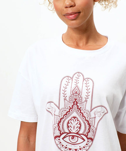 | color:weiß |yoga tshirt hamsa hand weiß bio baumwolle