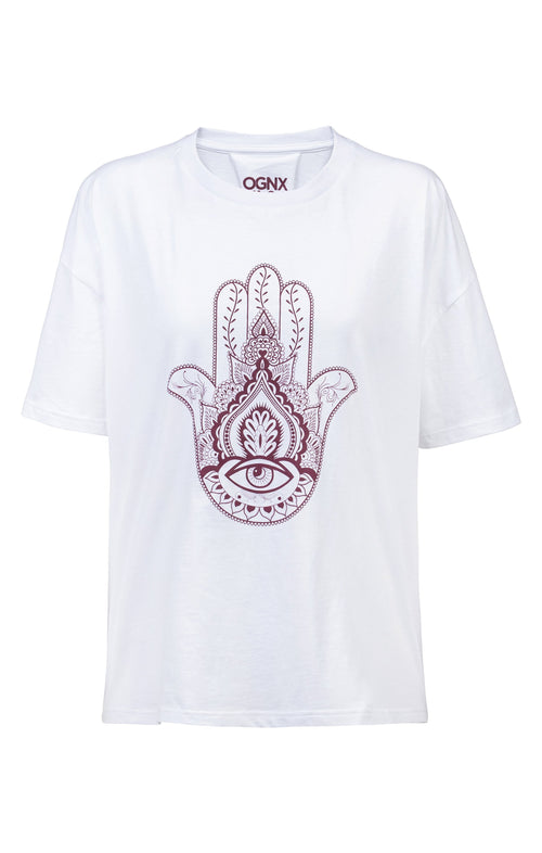 | color:weiß |yoga tshirt hamsa hand weiß bio baumwolle