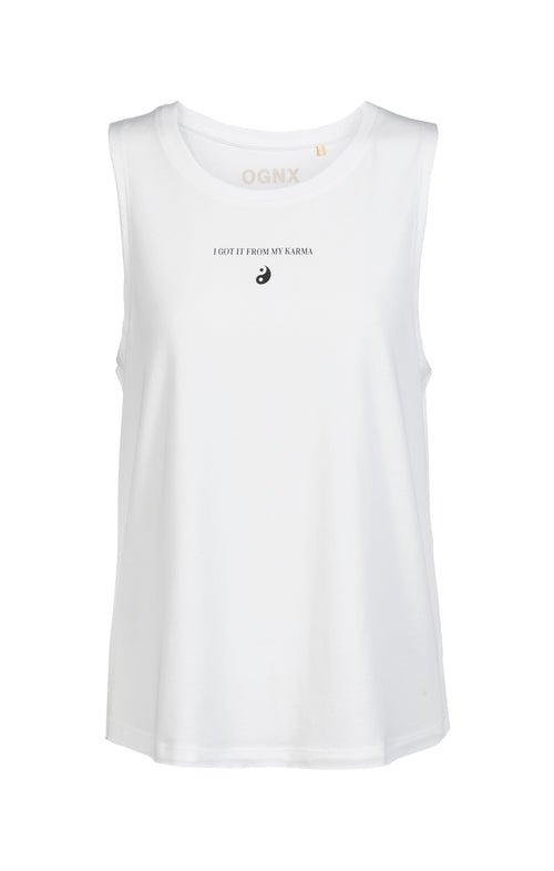 | color:weiß | Yoga Athletic Tank I Got It From My Karma by Angélique Poulain Bio Baumwolle Tencel™ Tara |108 print | yoga damen tank top nachhaltig