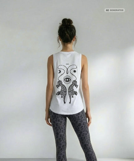 Yoga Athletic Tank 2.0 Cosmic Leopard Bio Baumwolle Tencel™ Tara - weiß – AI GENERATED / KI-GENERIERT