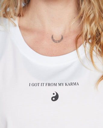 | color:weiß | Yoga Athletic Tank I Got It From My Karma by Angélique Poulain Bio Baumwolle Tencel™ Tara |108 print | yoga damen tank top nachhaltig