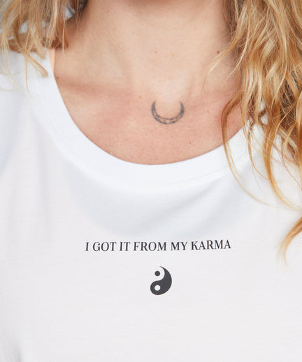 | color:weiß | Yoga Athletic Tank I Got It From My Karma by Angélique Poulain Bio Baumwolle Tencel™ Tara |108 print | yoga damen tank top nachhaltig