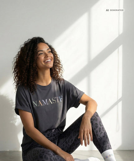 Yoga Boxy T-Shirt Namaste Bio Baumwolle Tencel™ Sora - grau – AI GENERATED / KI-GENERIERT