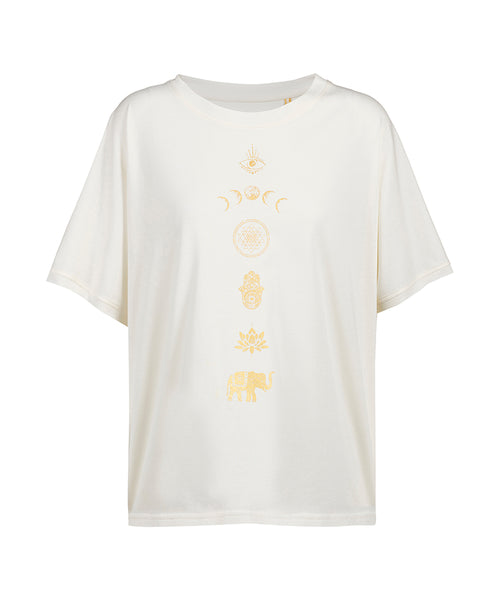 | color:weiß | yoga damen boxy t-shirt sora 108 | bio baumwolle tencel | t-shirt 108 gabriela bozic spiritual chakras gold | yoga damen t-shirt nachhaltig