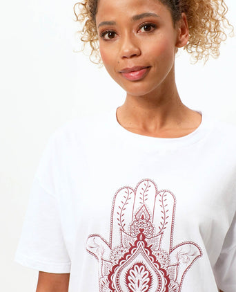 | color:weiß |yoga tshirt hamsa hand weiß bio baumwolle