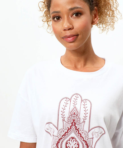 | color:weiß |yoga tshirt hamsa hand weiß bio baumwolle